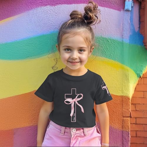 Image of Girls Cute Christian Shirts Kids Pink Bow Shirt Jesus God Faith Tshirts Aesthetic Cross Bible Verse Graphic Tee Tops