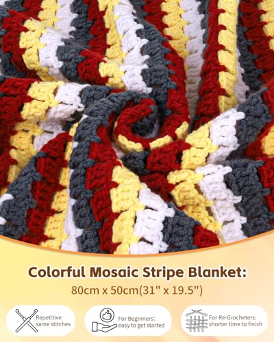 Image of Aeelike Crochet Blanket Kit for Beginners, Colorful Mosaic Stripe Blanket, 42PCS Complete Beginner Crochet Kit for Adults & Kids w Premium Yarn Beginner Friendly Videos Tutorials & Instructions