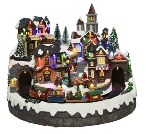 Caja de música navideña con tren con estación de efectos luminosos y movimiento 42 cm – L40,50 -W40,50 – H31,00 cm-37 LED – Selección de papelería Varzi desde 1956
