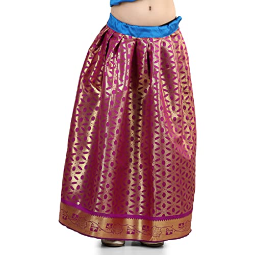 Image of BownBee Girls Silk Blend Pavda Pattu Lehenga Choli South Indian Traditional Ethnic Dress for Kids with Half Sleeves, Round neck, Back Hook Closure Dresses for Baby Girl