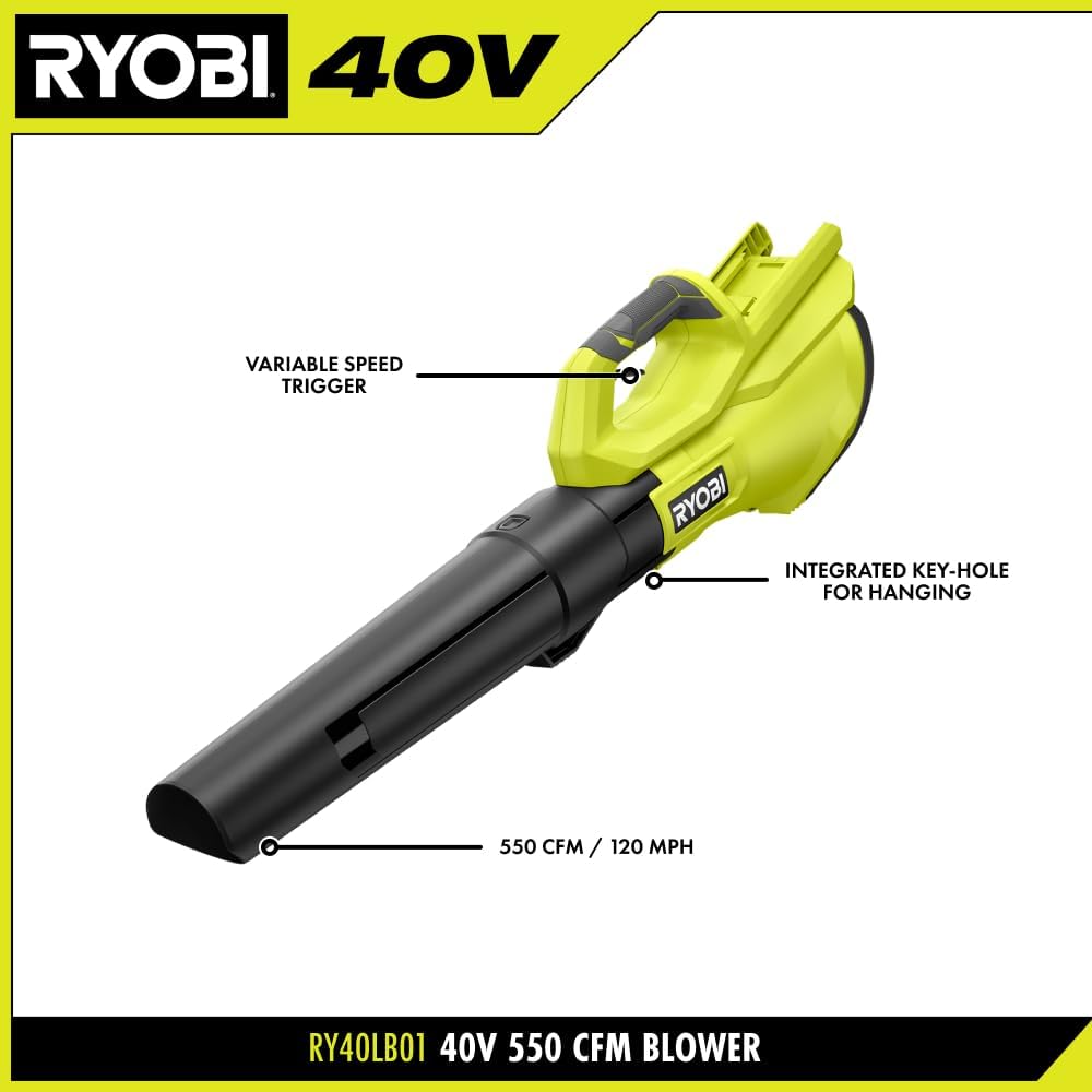 RYOBI 40V 120 MPH 550 CFM Cordless Battery Blower with 4.0 Ah Battery and Charger (Renwewed)