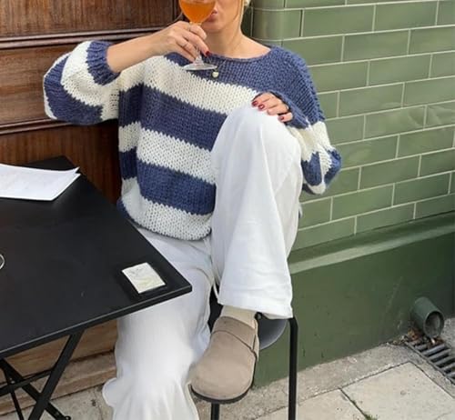 Oversized Sweaters for Women Color Block Striped Sweaters Y2K Crewneck Long Sleeve Knit Sweater3