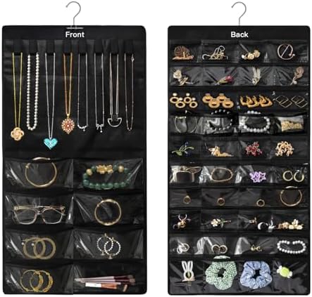 Jewelry Organizer Hanging for Closet, Double-Sided 8 Necklaces Holder & 48 Pockets Hanging Jewelry Organizer to Store Earrings, Necklaces, Bracelets, Rings Jewelry Organizer Hanging for Closet, Double-Sided 8 Necklaces Holder & 48 Pockets Hanging Jewelry Organizer to Store Earrings, Necklaces, Bracelets, Rings