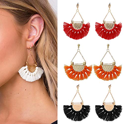 Meetlight Tassel Earrings Bohemian Fan Shaped Multicolored Statement Long Thread Tassel Drop Dangle Earrings Necklace & Earrings Set (4 Pairs)