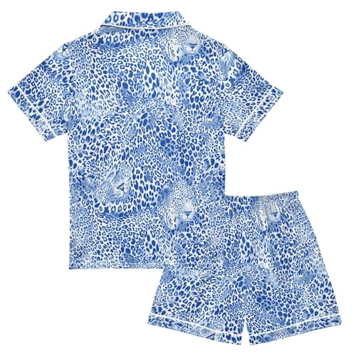 ALAZA Blue Leopard Print Animal Satin Pajamas Set Short Sleeve Button Down Sleepwear Summer Pjs 2 Piece2