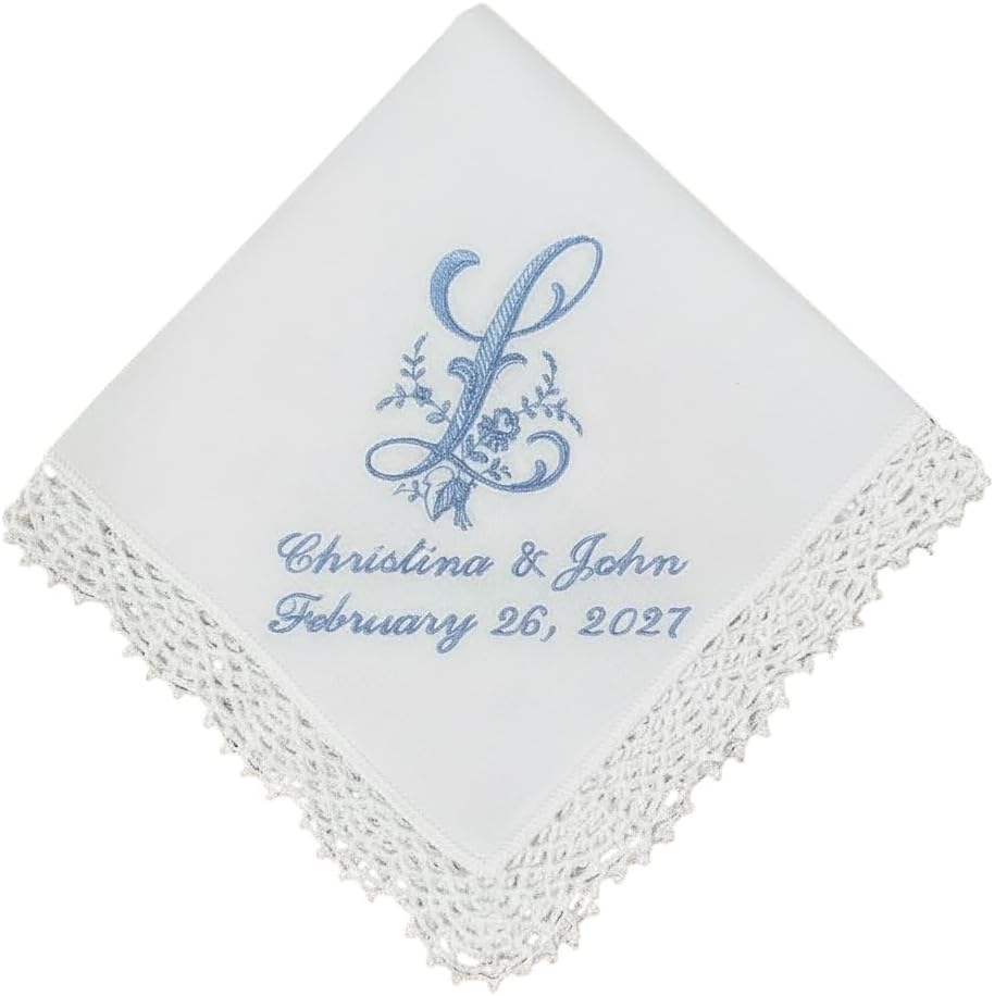 Something Blue Wedding Handkerchief for Bride and Groom | Embroidered Personalized Bridal Handkerchief Wedding Day Hanky Bride Gift (up to 135 characters)