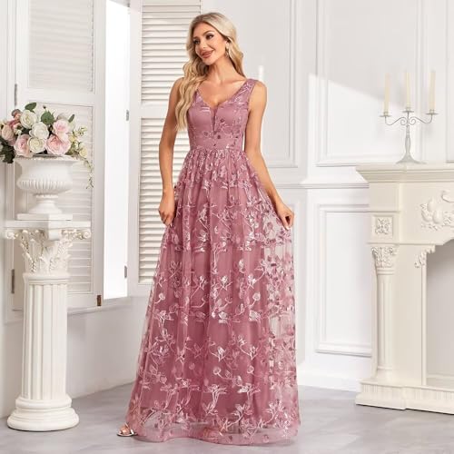 Image of Embroidery Tulle Maxi Formal Dresses V Neck Hight Waist Bridesmaid Dresses Dusty Rose Sleeveless Evening Prom Dresses, Medium