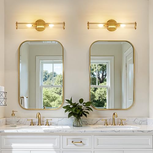 Image of Brushed Gold Wall Sconces Set of 2, Modern Bathroom Vanity Light Fixture with Clear Glass Shades, Hardwired Brass Wall Mounted Lamp for Over Mirror, Hallway, Bedroom (E12 Bulbs Not Included)