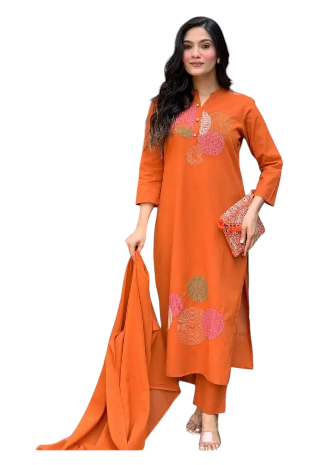 Ensemble Kurta orange imprimé en Chanderi léger LookMark