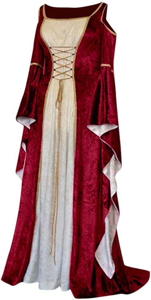Briskorry Medieval Renaissance Women's Dress with Trumpet Sleeves Party Costume Floor Length Vintage Retro Costume Cosplay