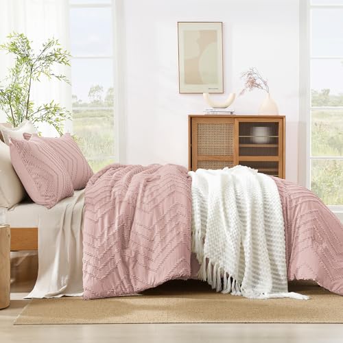 Image of Litanika Boho Queen Comforter Set, 3 Pcs Blush Pink Lightweight Bedding Set