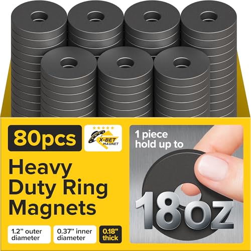 Image of Heavy Duty Ring Magnets - Ultra Strong (1.2x0.18 /30x4.5mm, 80 pcs) Magnets with Holes for DIY & Crafts - Space Organization Set for Home, Workshop, Refrigerator, Whiteboard, Office, Classroom