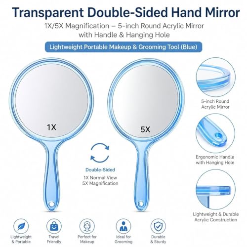 Image of Transparent Hand Mirror 1X /5X Magnification - 5‑inch Round Acrylic Mirror with Handle & Hanging Hole - Lightweight Portable Makeup & Grooming Tool (Blue Small)