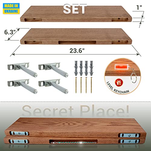 Wood Floating Shelves, 100% Ash Wood, Set Of 2-Rustic Shelf 24" Wide Wooden Wall Shelves, Made In Europe, For Living Room Bedroom Kitchen Bathroom Farmhouse, Teak Color, 24" X 6.5" Live Edge #TOP4