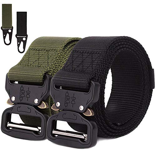 AIM Cloudbed 2-Pack Cinturón Táctico para Hombres, Cinturón Militar de Nylon Ajustable con Hebilla Cobra de Metal de Liberación Rápida con 2 Llaveros (Negro / Verde del Ejército)