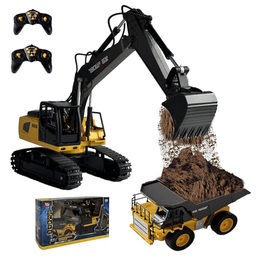 OrgaNatureQueen RC Excavator and Dump Truck Toy Set with Lights and Sound, Remote Control Construction Vehicles Heavy Equipment Toys for Adults Kids Boys Ages 8 9 10 11 12 13+ Christmas Toy