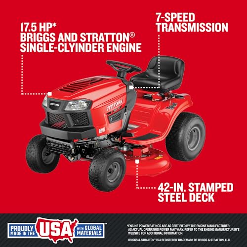 Image of CRAFTSMAN 42 inch Gas Riding Lawn Mower with 17.5 HP* Briggs and Stratton Single-Cylinder Engine, Gas Lawn Tractor with 7-Speed Transmission, Red /Black (13AN77XSA93)