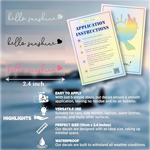 Image of Rearview Mirror Sticker, Rear View Mirror Accessories - 3 Pack Hello Sunshine, Car Mirror Decal, Waterproof Vinyl Word Stickers, Cute Car Interior Decor (Pastel)