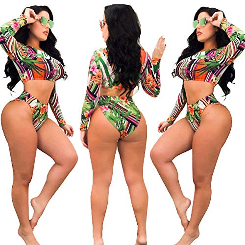 Bowanadacles Womens Long Sleeve Zipper Front high Waist Thong Bikini Set 2 Piece Swimsuit (M, Green)