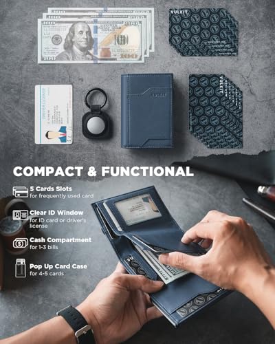 Image of VULKIT Pop up Card Wallet with AirTag Holder RFID Blocking Credit Card Holder with Banknote Compartment & ID Window for Men(Blue)