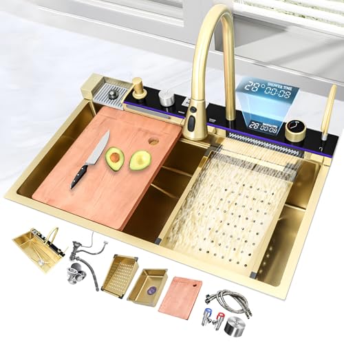 Nano Workstation Sink, Smart Kitchen Sink with Temperature Display, Stainless Steel Workstation Sink, Single Waterfall Sink, Drop in Kitchen Sink with Accessories, Pull-Out Faucet(Gold,68cm)
