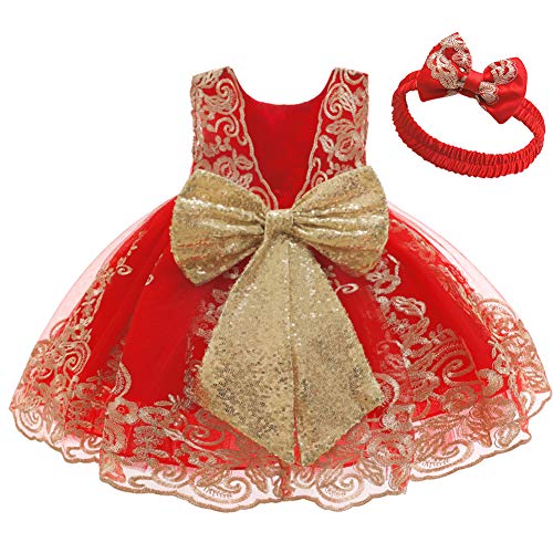 Vestido de niña de flores con encaje rojo y diadema para bebé de 6 a 12 meses