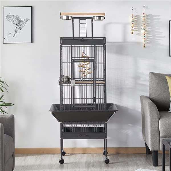 Abician Cage à Oiseaux sur Pied Voliere Oiseaux Interieur Cage pour Perruches à roulettes Grand Cage Oiseaux en Métal 66,5 x 65,6 x 156,5 cm Noir