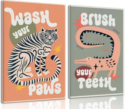 2PS Funny Bathroom Animal Framed Canvas Wall Art Tiger Wash