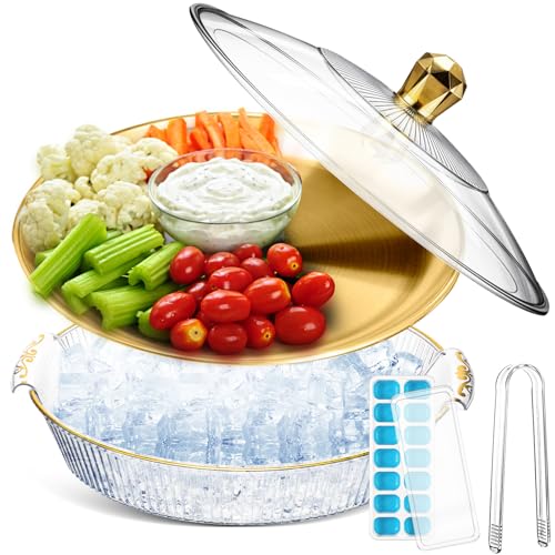 Baderke 1 Set 10" Chilled Serving Tray for Parties with Compartments and Lid Ice Chilled Platter Charcuterie Serving Board for Fruit Seafood Vegetable Appetizer Shrimp Cocktail (Gold)