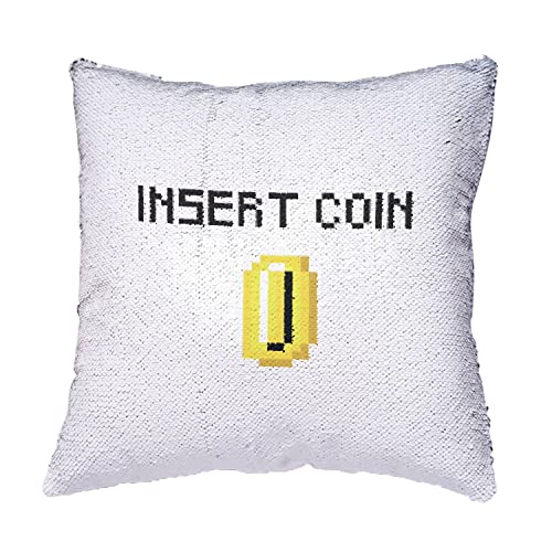 Coussin sequin turquoise pixel art retro gaming decoratif