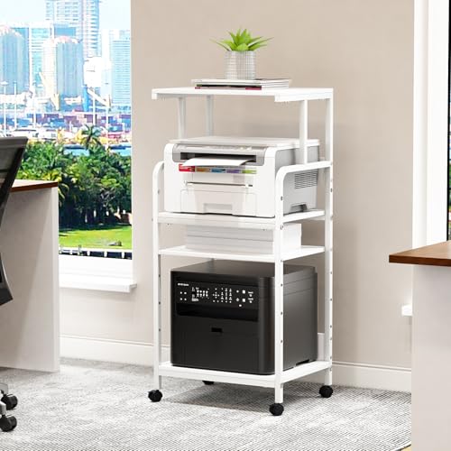 4-Tier Printer Stand, Large Printer Table on Wheels, Movable Printer Stand with Storage, Rolling Printer Cart for Fax Scanner Files Media Player, Multifunctional Trolley for Office Home Kitchen, White