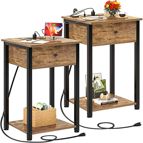 Ecoprsio Nightstand Set Of 2 With Charging Station, End Table Side Table With Usb Ports, Wood Night Stand, Rustic Bedside Table With Drawer And Shelf For Bedroom, Living Room, Sofa Couch, Rustic Brown #TOP9