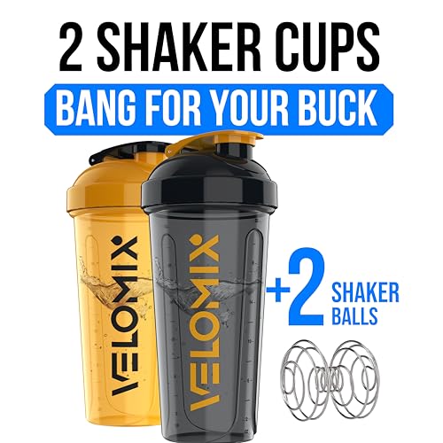 Image of VELOMIX -2 Pack- 28 oz Protein Shaker Bottles for Protein Mixes - 2x Wire Whisk | Leak Proof Shaker Cups for Protein Shakes and Pre Workout | Protein Shaker Bottle Pack (A8) Golden Stone