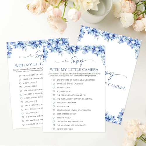 Image of I Spy with My Little Camera Bridal Shower Games, 25 Blue Floral Wedding Shower Game Cards Set, Engagement Party Game for Guests, Wedding Games for Reception, Minimalist Marriage Party Supplies-08
