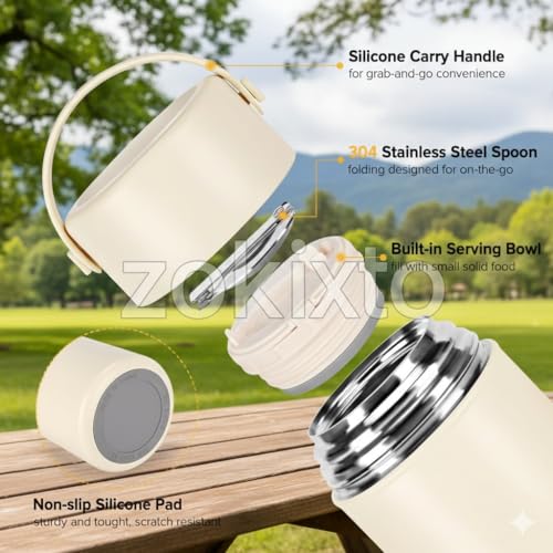Image of Insulated Lunch Box 500ml Stainless Steel | Thermal Food Flask & Food Jar with Folding Spoon | Leakproof Tiffin Box for Office, School, Travel | Hot & Cold Food Container (White)