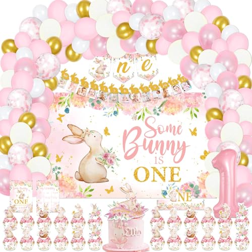 LXlucktim Some Bunny Is One Birthday Party Supplies, 154 Pcs Bunny Party Decorations for Boys Girls Baby - Backdrop, Photo Banners, Cupcakes Wrappers, Balloons, Highchair Banner, Crown and Poster