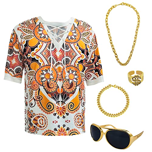 Hippie Men 70s and 80s Disco Clothing Shirts Beach Drawstring Printed Short Sleeves 5-Piece Disco Theme Party