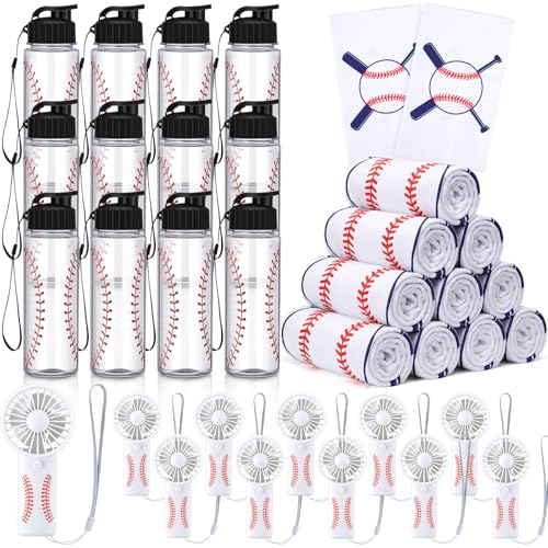 Mifoci 36 Pieces Baseball Water Bottle Cooling Towel Handheld Fan Set Sports Party Favors Include 12 17 oz Baseball Water Bottle 12 40x12 Cooling Towels 12 Handheld Fan for Sport Team Gift