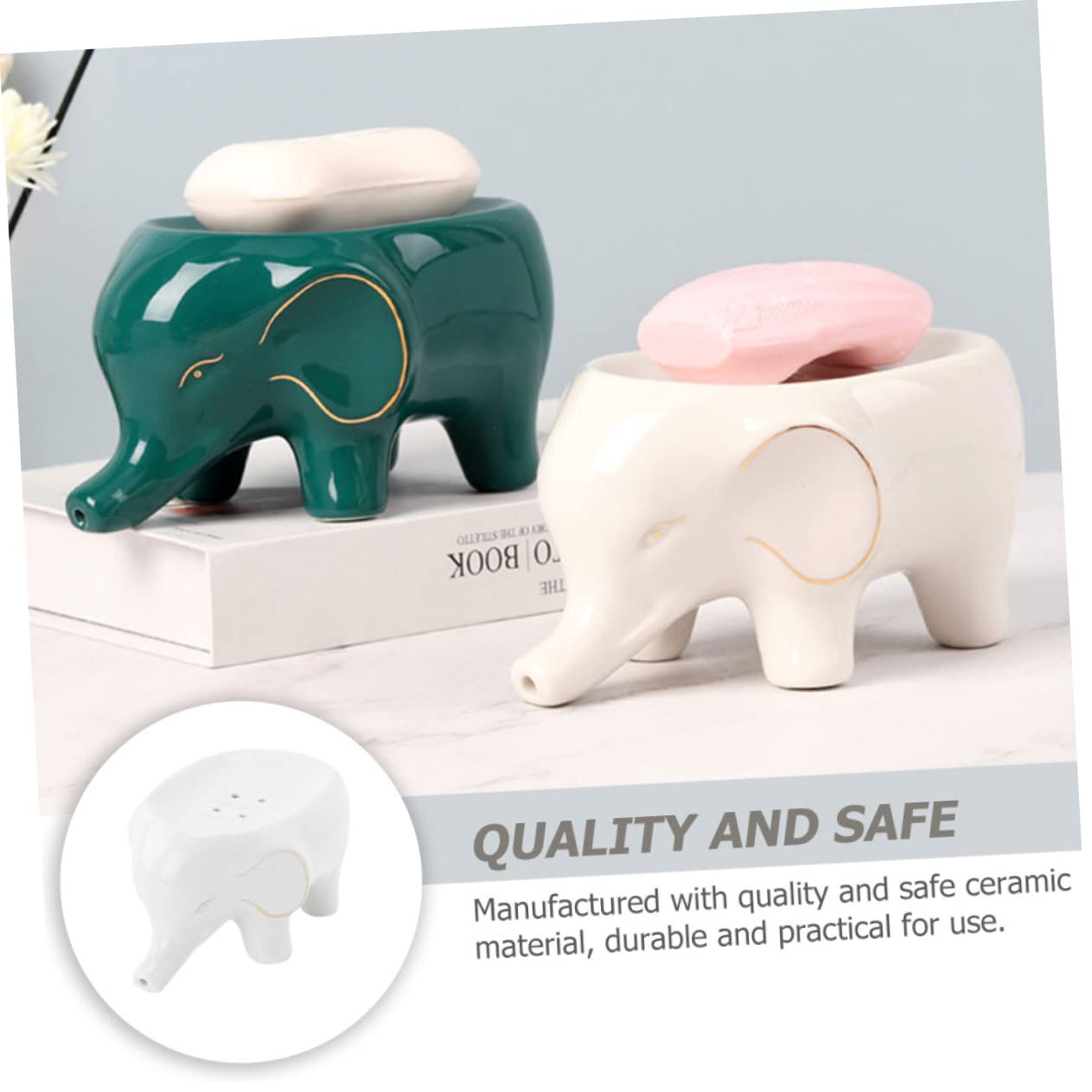 LABRIMP Jabonera de Cerámica Forma de Elefante, Orificio de Drenaje y Almacenamiento de Jabón para Baño y Hogar
