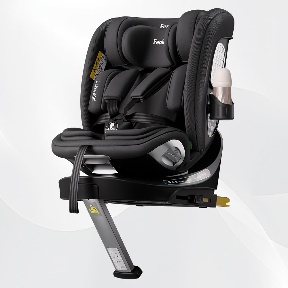 Kindersitz Reboarder 360 Drehbar mit Isofix - 0–12 Jahre (40–150 cm）i-Size Kindersitz Auto,FWF und RWF,Verstellbare Kopfstütze/Rückenlehne mit Liegeposition und Getränkehalter,Schwarz