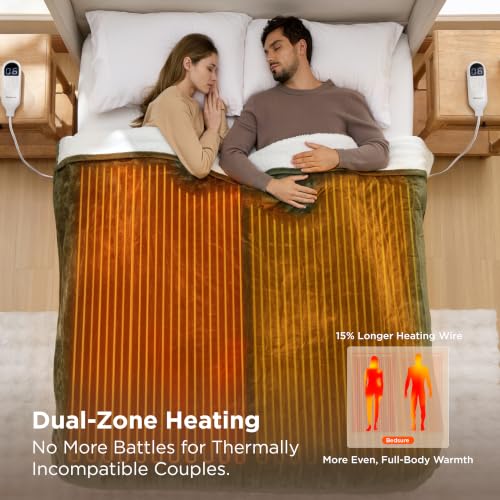 Image of Bedsure Heated Blanket King Size, Dual Control Electric Blanket, Green | Preheat Function,6 Heat /6 Timer Settings, 8H Auto Shut-Off, ETL /FCC, Soft Flannel Sherpa, Machine Washable, 84x90in