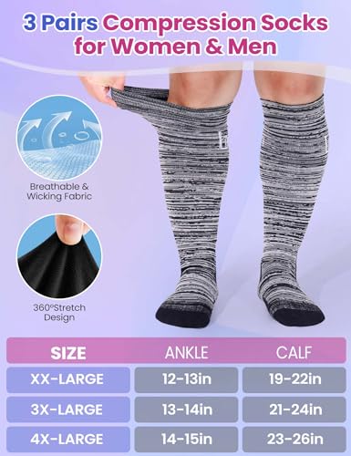 Plus Size Compression Socks for Women Men 3 Pairs Wide Calf Knee High Support for Circulatio for Nurses, Pregnancy4