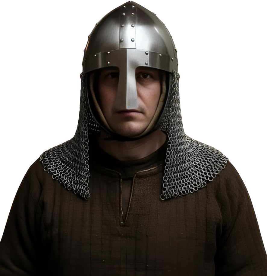 Medieval Steel Wearable Viking Helmet with Chainmail Coif | Full Face Handmade Armor Helmet for Costume, LARP, Cosplay & Display | Adult Size 24–25 Inch Circumference