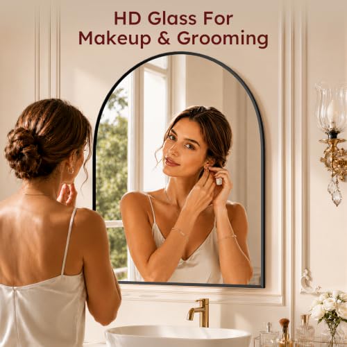 Image of 26 inchx38 inch Arched Black Bathroom Mirror - Metal Framed with HD Shatter-Proof Glass, Wall-Mounted for Over Sink, Entryway, Living Room, Bedroom