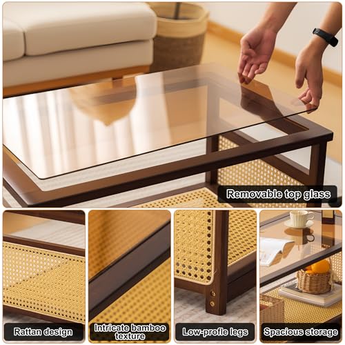 Table basse verre trempé + rangement rotin Estiliza