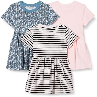 Amazon Essentials Mädchen Kurzärmeliges Jersey-Kleid, 3er-Pack, Blassrosa/Bretonstreifen/Floral, 9 Jahre