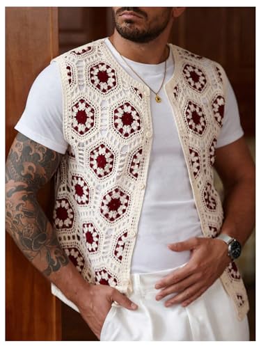 Verdusa Men's Floral Crochet Button Up Sweater Vest Boho Lightweight Sleeveless Knit Tops4