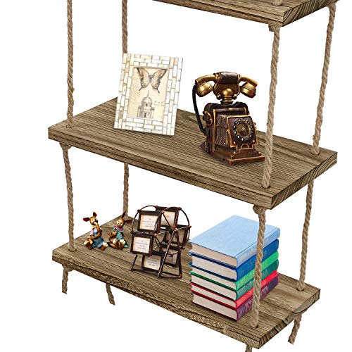 Oyydecor Wall Hanging Shelf, 3 Tier Distressed Wood Swing Storage Shelves Jute Rope Organizer Rack, Rustic Home Wall Decor (Natural)