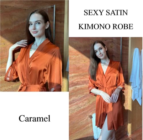 Image of Ekouaer Women's Satin Robe Silk Kimono Bathrobe Bridesmaid Wedding Bridal Party Robes 3 /4 Bell Sleeve Sleepwear S-XXL