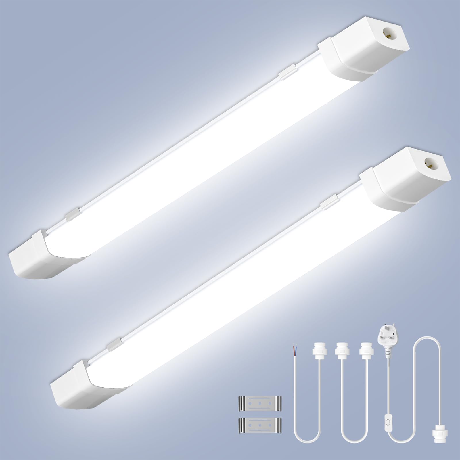 Viugreum 2Pcs Linkable 4FT 120CM Led Batten Light with Motion, 40W 6500K Plug&Switch Tube Shed Loft Light, IP43 Plug in Strip Sensing Lights for Garage Office Workshop Basement Bathroom Hotel Kitchen
